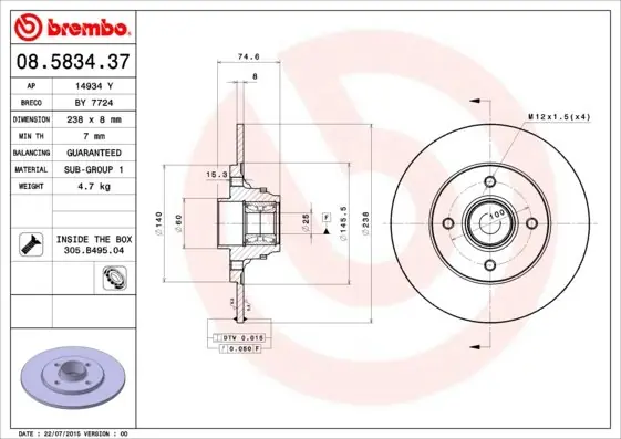 Zamów teraz Tarcza hamulcowa BREMBO 08.5834.37 7701207611