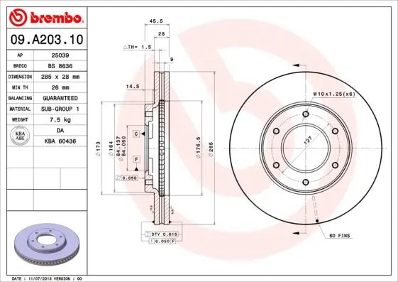 Tarcza hamulcowa BREMBO 09.A203.10 4351226140 Nowość