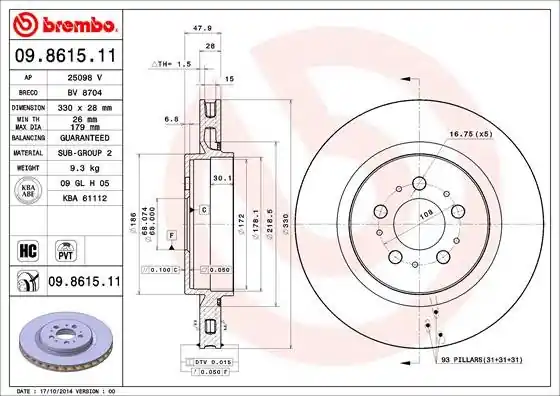 Tarcza hamulcowa BREMBO 09.8615.11 30645223 Taniej