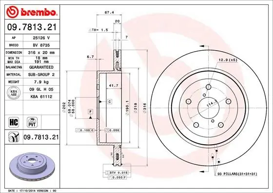 Wyprzedaż Tarcza hamulcowa BREMBO 09.7813.21 26700FE050