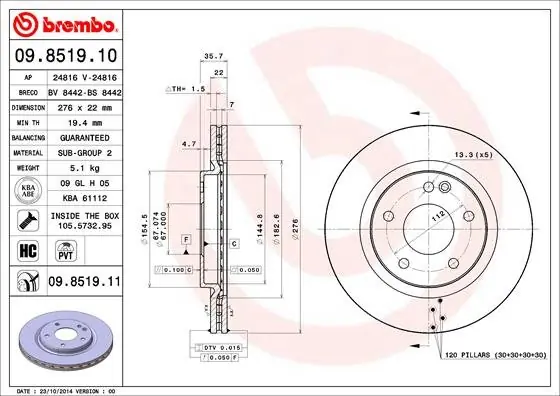 Tarcza hamulcowa BREMBO 09.8519.11 1684210612 Promocja