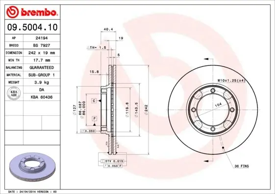 Tarcza hamulcowa BREMBO 09.5004.10 5171224100 Ekspresowa dostawa