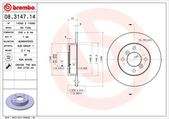 Tarcza hamulcowa BREMBO 08.3147.14 7700716947 Nowy
