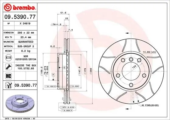 Tarcze hamulcowe BREMBO 09.5390.77 34111164199 Hit cenowy