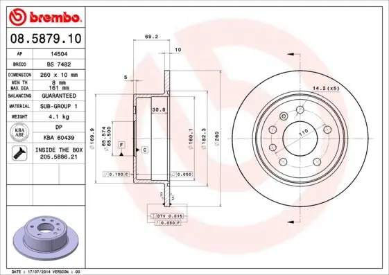 Tarcza hamulcowa BREMBO 08.5879.10 569105 Bezpieczna płatność